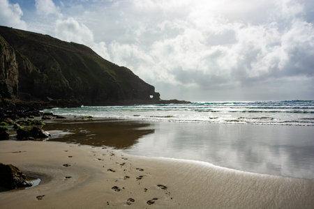 Perranporth, cornwall, England coastal view and rock or cliff formations, August 2023の写真素材