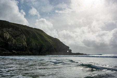 Perranporth, Cornwall, England coastal view and rock or cliff formations, August 2023の写真素材