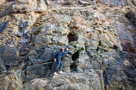 Perranporth, Cornwall, England coastal view and rock or cliff formations, August 2023の写真素材