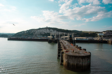 leaving Dover on a ferry, seeing harbor in the backgroundの写真素材