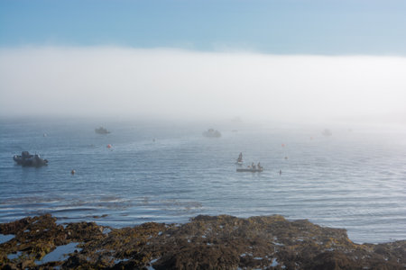 August, 2023: Beach at St. Mawes in the fog, southern Cornwall, England, United Kingdom, Europe