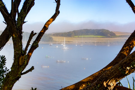 August, 2023: St. Mawes bay in the fog, southern Cornwall, England, United Kingdom, Europeの写真素材