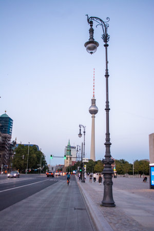View of a street on the musumisland in Berlin with the Television Tower ( Fernsehenturm) in Berlin, Alexanderplatz - Berlin, Germanyの写真素材