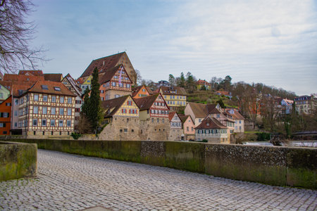 Gothic half-timbered houses - picturesque view in the Schwabisch Hall city Old town, Germany