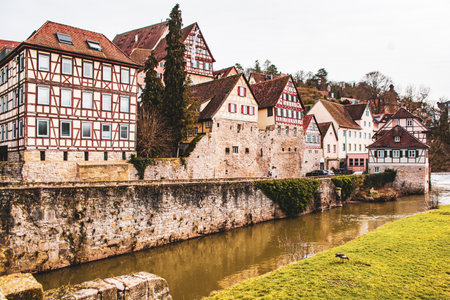 Gothic half-timbered houses - picturesque view in the Schwabisch Hall city Old town, Germanyの写真素材