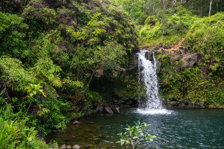 Close-up view of a cascading waterfall along the road to Hana, scenic route- Maui, Hawaii, United States of Americaの写真素材