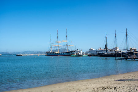 San Francisco Bay, pier and ships in panoramic format, August 2024の写真素材