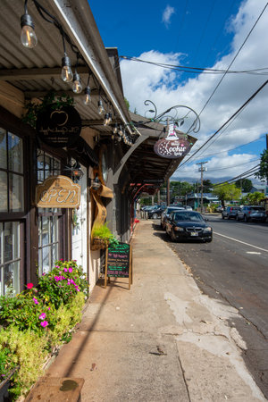 Makawao, Maui - a village full of galleries and known for its cowboys - view of a streetの写真素材