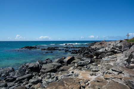 Ho'okipa Beach Park in Maui Hawaii, renowned windsurfing and surf site for wind, big waves and big turtles drying on sand. Snorkeling paradise for coral reefs.の写真素材
