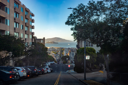 Street of San Francisco with hills in the backgroundの写真素材