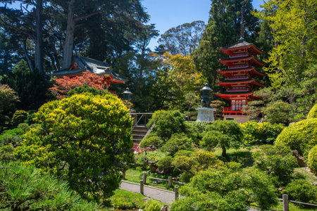 Japanese Tea Garden San Francisco colorful red wooden pagoda and surrounding trees.の写真素材