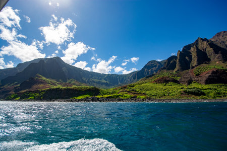 Napali coast seen from the water. A scenic area on the coast of Kauai, Hawaiiの写真素材