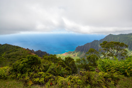 Napali coast lakes Kalalau Loockout. A scenic area on the coast of Kauai, Hawaiiの写真素材