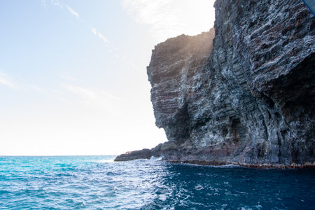 Napali coast seen from the water. A scenic area on the coast of Kauai, Hawaiiの写真素材