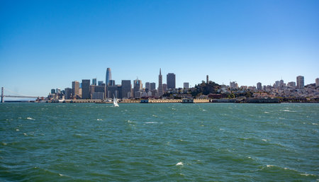 View of San Francisco skyline from the water on a sunny day, California.