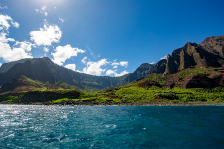 Napali coast seen from the water. A scenic area on the coast of Kauai, Hawaiiの写真素材