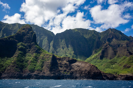 Napali coast seen from the water. A scenic area on the coast of Kauai, Hawaiiの写真素材