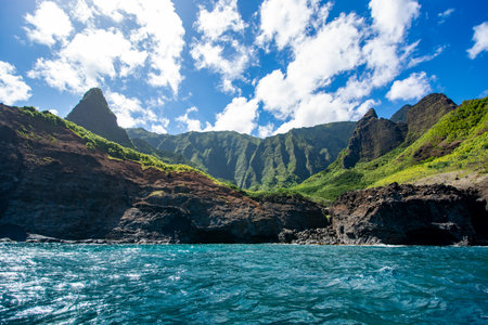 Napali coast seen from the water. A scenic area on the coast of Kauai, Hawaiiの写真素材