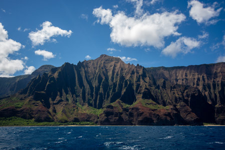 Napali coast seen from the water. A scenic area on the coast of Kauai, Hawaiiの写真素材