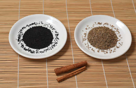 two white plates with spices of cumin and black cumin seeds cinnamon sticks on a bamboo mat view...