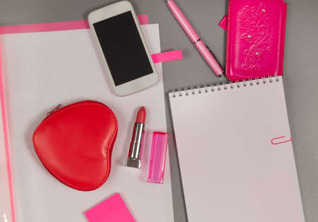 Spring. Love. Still life of pink items on the desktop. Copy spaceの写真素材