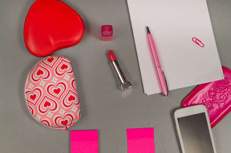 Spring. Love. Still life of pink items on the desktop. Copy spaceの写真素材