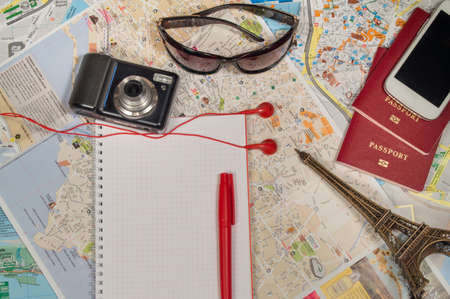 Preparations for the journey. Map passport camera glasses.の写真素材