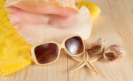 Beach vacation. Beach accessories. Sunglasses,  towel,   sea shell on wooden backgroundの写真素材