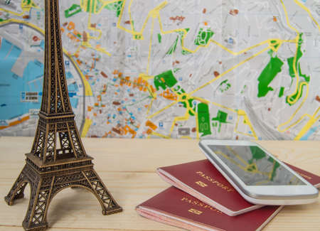 Concept journey, travel passports and mobile. Background of mapの写真素材