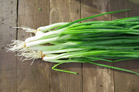 Bunch of fresh green onions on an old wooden table.の写真素材