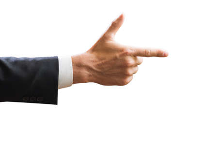 Business mans hand pointing isolated on whiteの写真素材