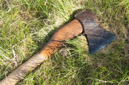 Wet old axe with a wooden handle lying on the grass.の写真素材