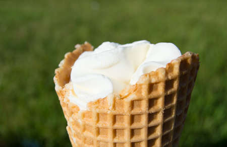 Ice cream in waffle cone on blurred grass background.の写真素材