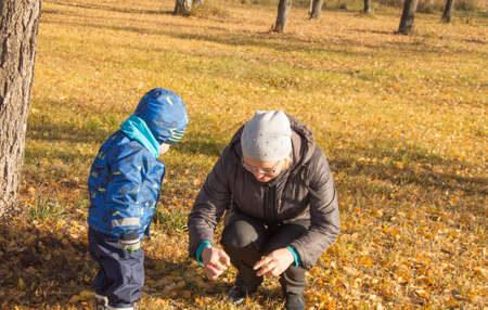 Woman and small child playing together in autumn Parkの写真素材