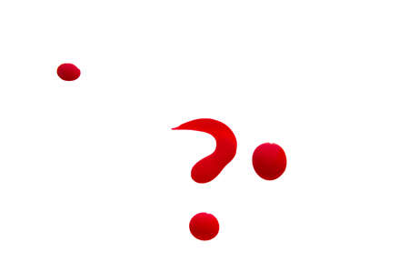 Red sparkly nail Polish in the shape of a question mark, isolated on white background.の写真素材