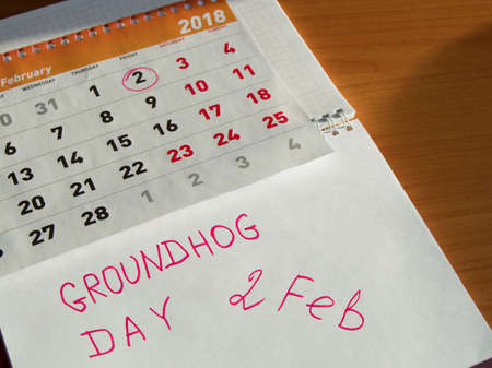 Groundhog day February calendar, Notepad with date 2 Feb.の写真素材