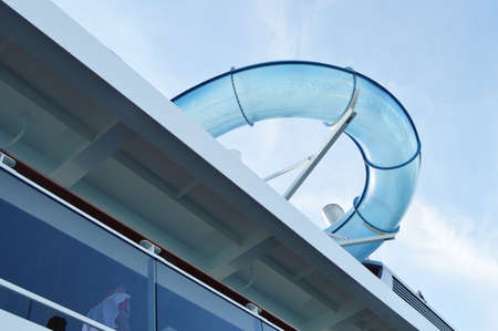 View of the transparent tube for entertainment in the water Park on the sea cruise ship, view from...