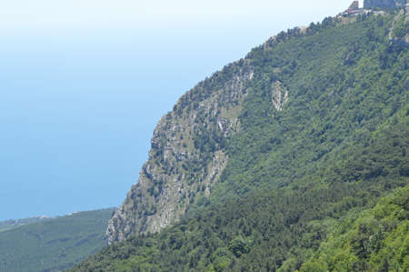 Rocky mountain peaks, steep slopes covered with green forest against blue sky