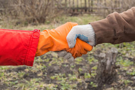 Two young farmers shake hands on the background of the soil in the spring, the farmer's agreement. The concept of teamwork in agriculture.の写真素材