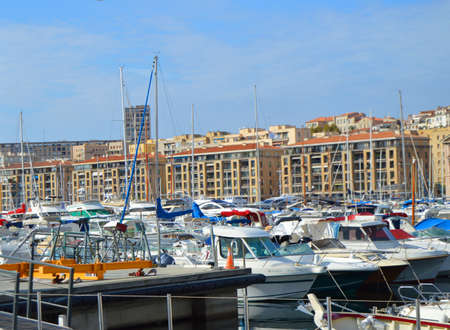 The urban landscape of Marseille near Vieux Port, LUXURY YACHTS AND BOATS, Marseille, Provence, France OCTOBER 12, 2018.のeditorial素材