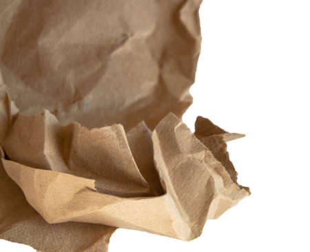 Crumpled brown wrapping paper and texture, clipping, isolated on white background.の写真素材