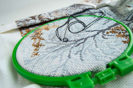 Flat lay embroidery Hoop with canvas and bright sewing thread and embroidery needle.の写真素材
