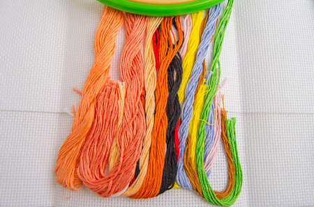 Bright colorful thread for embroidery thread on canvas. Handmade accessories on white background....