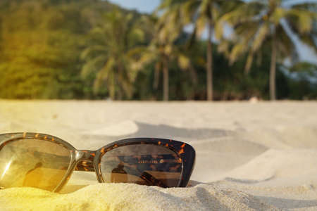 The concept of beach holidays and travel. Brown sunglasses on the sand on the beach, sunlight, place for text.の写真素材