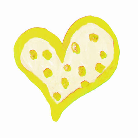 Yellow watercolor heart background design, decorated with circles and dots, on white background, romantic love symbol.の写真素材