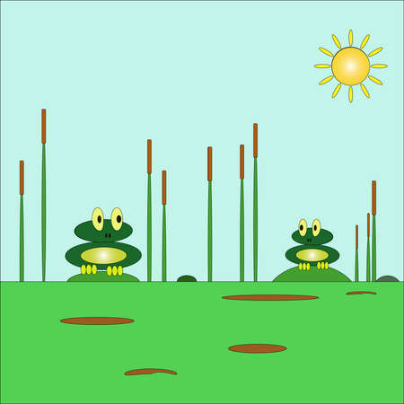Vector illustration with two cute funny frogs sitting on tussocks in a pond, among reeds against the background of the sky and the sun. Flat design.のイラスト素材