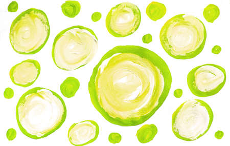Cute watercolor drawing by hand yellow-green circles balls bubbles of different sizes on a white background.の写真素材