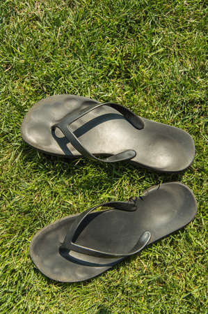 A pair of black rubber flip-flops on the green lawn grass with a copy of the space, summer, outdoor, top view, vertical frameの写真素材
