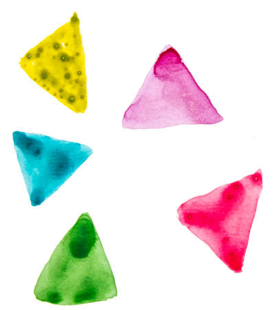 Abstract pattern with multi-colored triangles on a white background, watercolor hand drawing