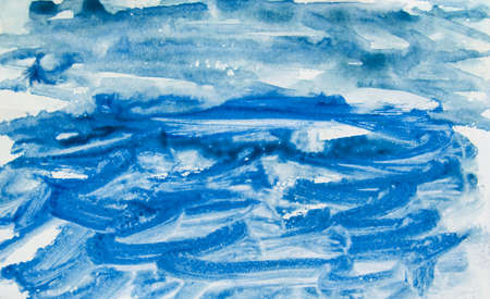 Landscape with sea, sun, clouds, cute children's watercolor drawing.